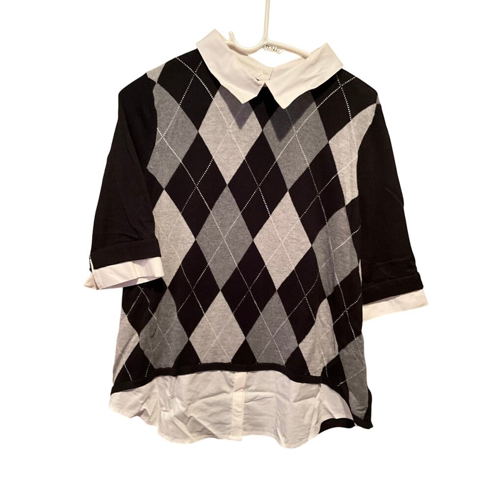 New York & Company Argyle Layered Top Collared Knit 3/4 Sleeve Black Gray L NEW